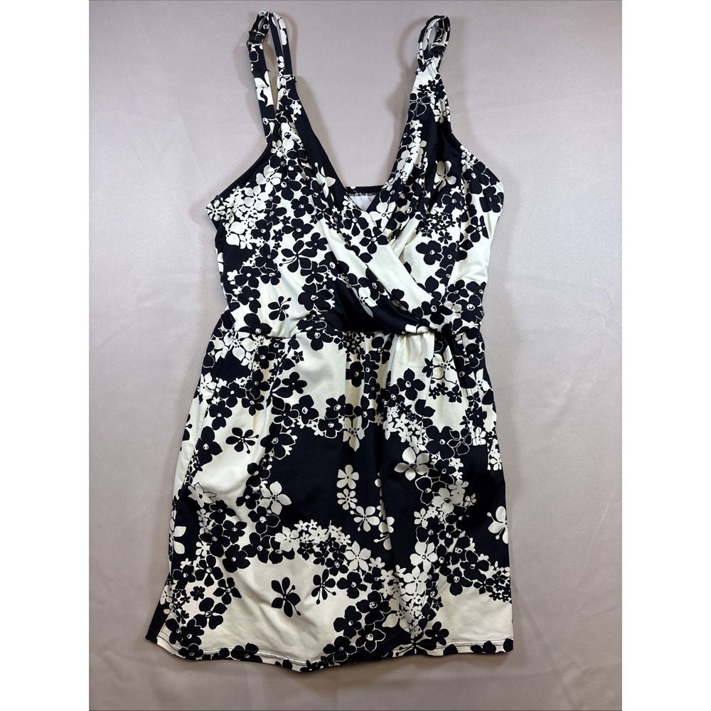 Lands' End Swim Dress Women Medium 10-12 Black White Floral Swim Suit One Piece